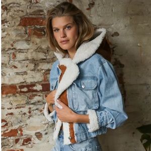 Free People Perry Hooded Sherpa Denim Jacket Xl